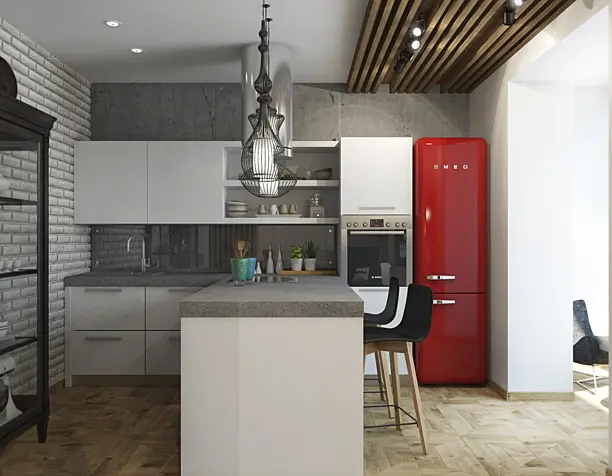 Современная кухня-гостиная с элементами стиля Loft