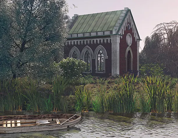 Daylight Images of the Lutheran Kirche of the Park Ensemble "Maryino"