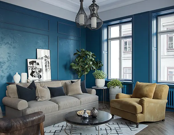 Living room interior in blue.