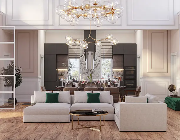 NEOCLASSICAL LIVING ROOM AND KITCHEN DESIGN