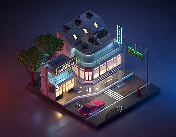Isometric low poly cyberpunk city