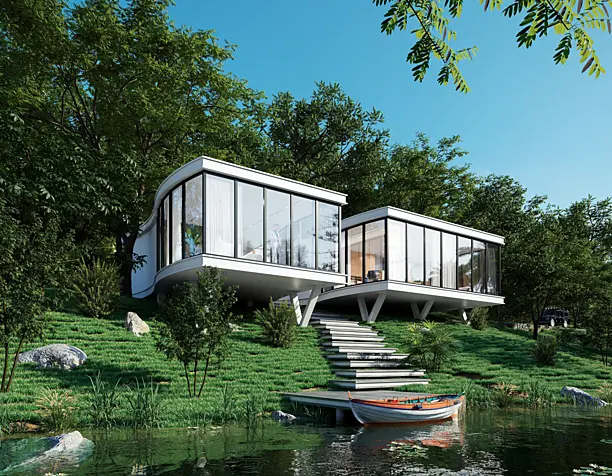 House in the forest by the lake.