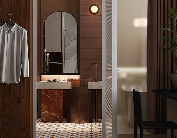 krylova apartment. bathroom in terracotta palette
