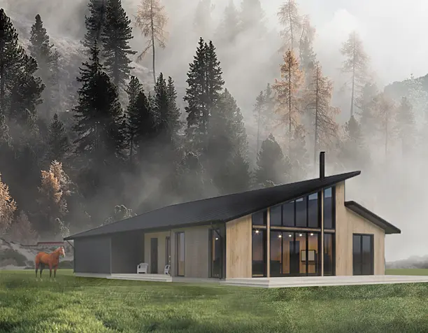 House in the fog in the forest