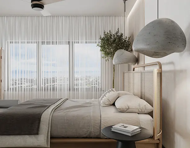 Bedroom in style Wabi Sabi. Minimalism.