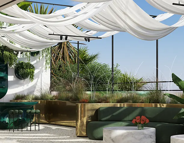 Outdoor hotel bar in Kenya.