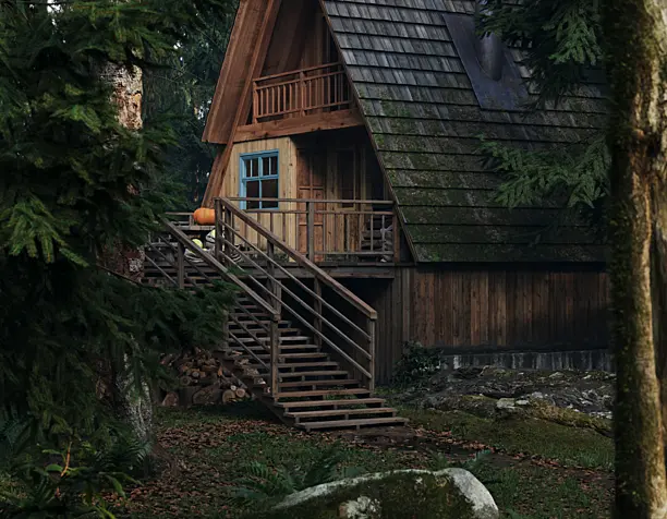 Дом в еловом лесу(сделано по референсу)