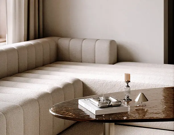 Modern living room with a combination of wood, metal and glass.