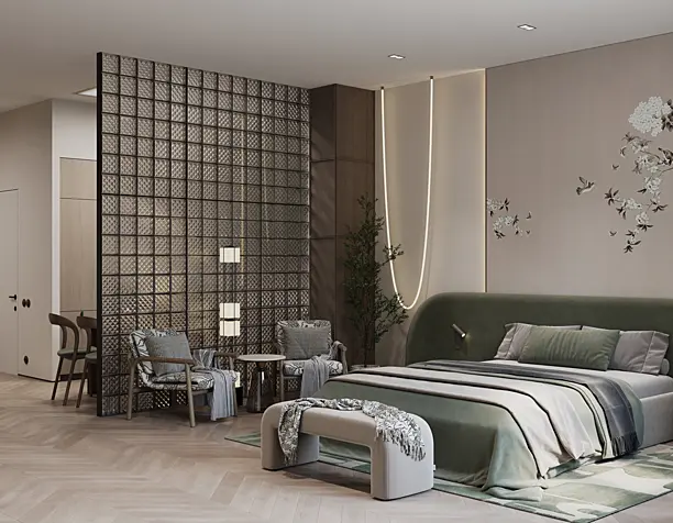 3D visualization of a studio in biophilic design