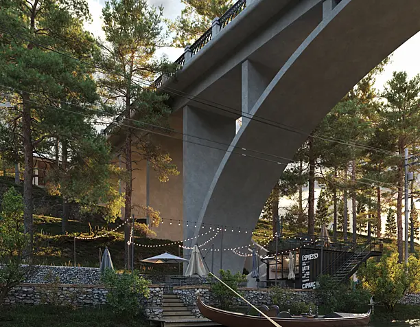 Современное кафе у реки под мостом | ArchViz Exterior Scene