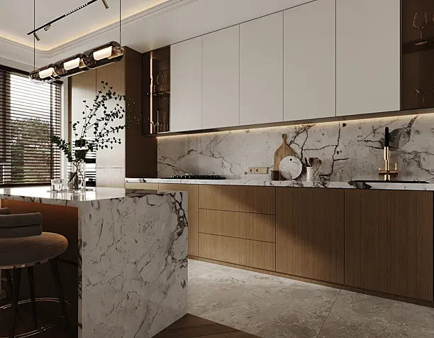 Интерьер кухни-столовой Warm Marble & Wood