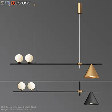 Mid Century Modern 3 Light Black