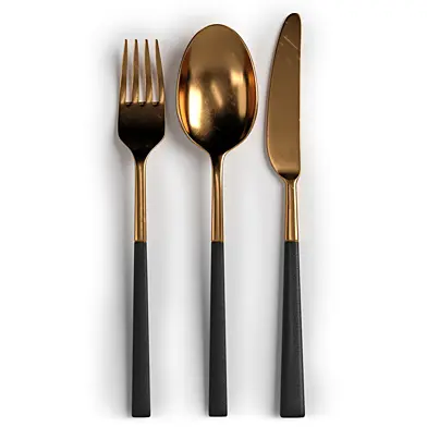 Gold Stainless Steel and  Black Handle Cutlery Set