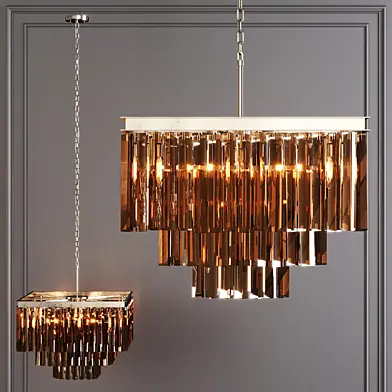 Restoration Hardware 1920S ODEON SMOKE GLASS FRINGE SQUARE  3-TIER CHANDELIER Nickel