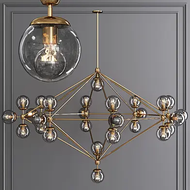 Modo 8 Sided Chandelier 27 Globes Brushed Brass and Gray Glass