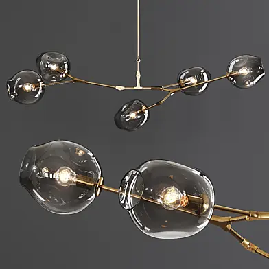 5-globe Branching Bubble Brushed Brass and Gray Glass