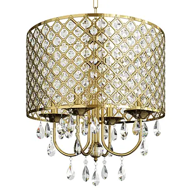 4 light gold round beaded drum chandelier with hanging crystals