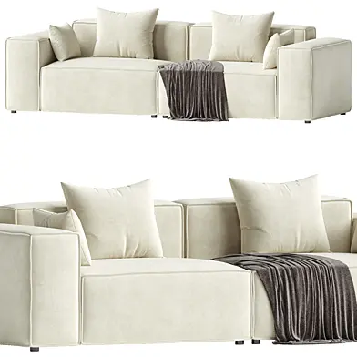 Modern Beige Wood Frame Sofa in Off-White Microfiber with Square Arms