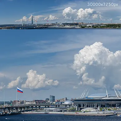 Панорама Санкт-Петербурга. Вид на Лахта-центр и Газпром Арену