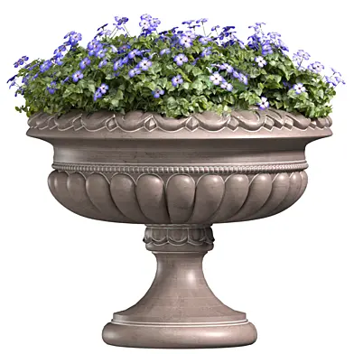 Клумба из цветов в классической вазе для декорирования фасада  .Кашпо.Blue Flowers in container pot for facade decoration