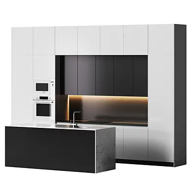 White minimalist kitchen with marble island