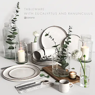 Tableware with Eucalyptus and Ranunculus