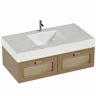 Floating Single Bathroom Vanity with Faux Marble Top Rattan Door