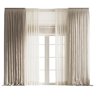 Draped Linen Curtains with Tulle and Roman Shade