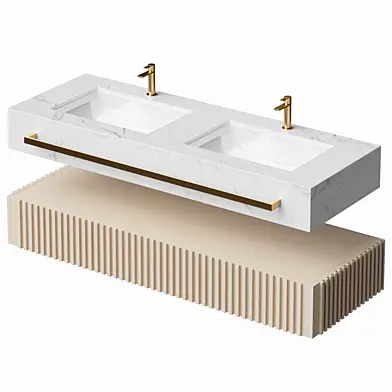 White Wall Mounted Double Sink Bathroom Vanity with 3 Drawers Faux Marble Top