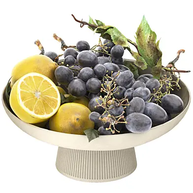 Bowl of lemons and black grapes fruit