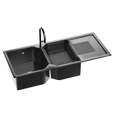 Black Quartz Kitchen Sink Double Bowl Drop-In Sink with Drain Board
