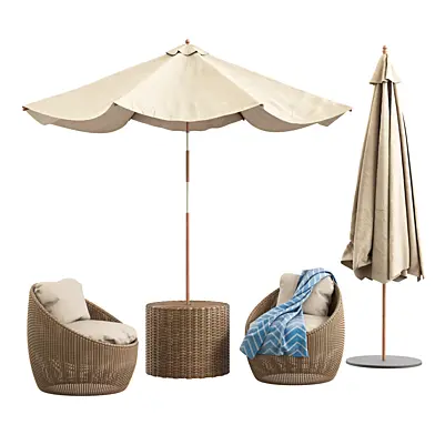 Round Umbrella and Rattan Outdoor Papasan Lounger