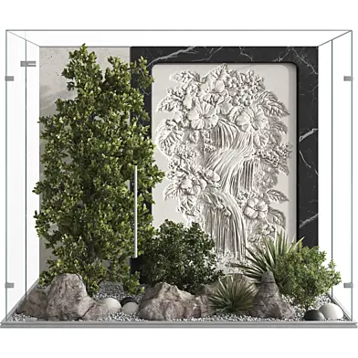 Interior Courtyard ree shrubs and fern behind glass 441
