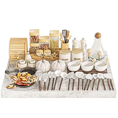 Кухонная утварь для кухни. специи, столовые приборы