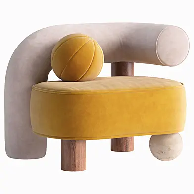 Postmodern Soleil Armchair in Yellow Velvet, Wood and Travertine by Mavo Atelier