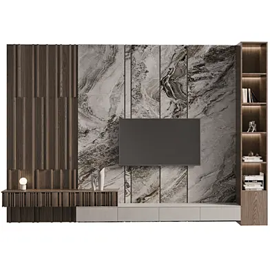 tv wall with wooden panel & marble set08