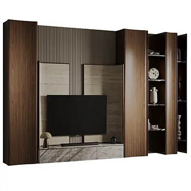 Modern Fluted Wood TV Wall with Marble Base