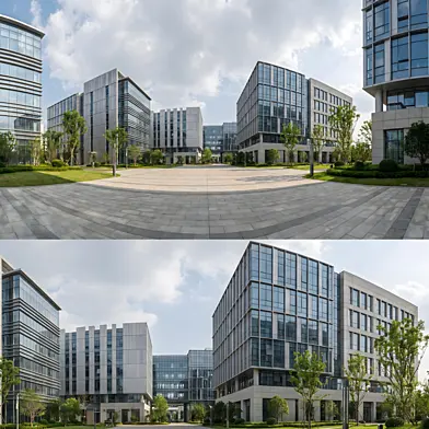 Wide-Angle Panorama of Glass Office Buildings