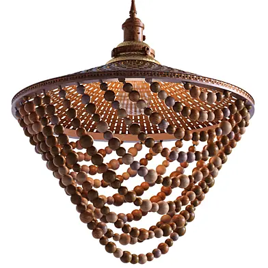 Natural Woven Rattan Pendant with Cascading Wooden Beads 1126