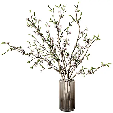 Photorealistic Almond Blossom Branches with Modern Glass Vase