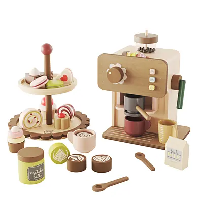 Petite amelie wooden tiered serving tray with pastries and coffee machine