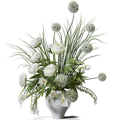 Flower Set 187 White Ranunculus Allium Bouquet Ceramic Vase