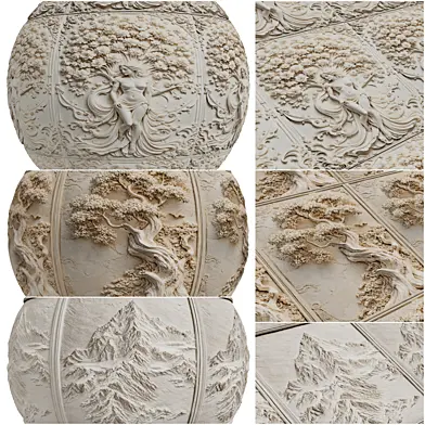FB1256 Carved Plaster & Stone Bas-Relief Set | 3 Pattern Variations | Seamless PBR 4K