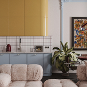 Kitchen and living room in a studio