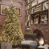 Уютный уголок с камином и новогодней ёлкой.