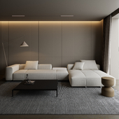 Современная минималистичная гостиная в тёплой нейтральной палитре