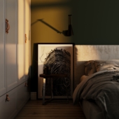 Спальня в тёмно-зелёных тонах.