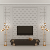 TV area, wall panel, floor lamp