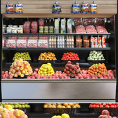 Showcase in a supermarket with fruits and vegetables. Fruits and vegetables