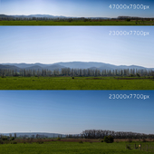 Panorama of the field with mountains and Italian poplars. 47k